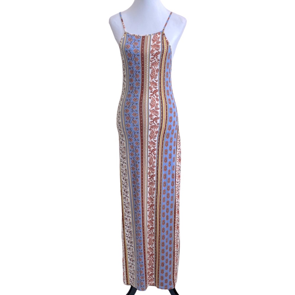 Forever 21 Women's Blue & Tan Paisley & Floral Print Body Con Maxi Dress Size S